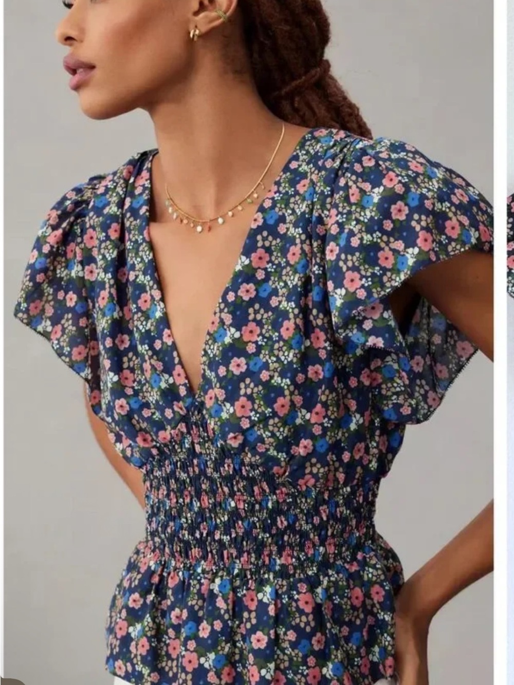 Trovata Navy Floral Smocked Waist V-Neck Top